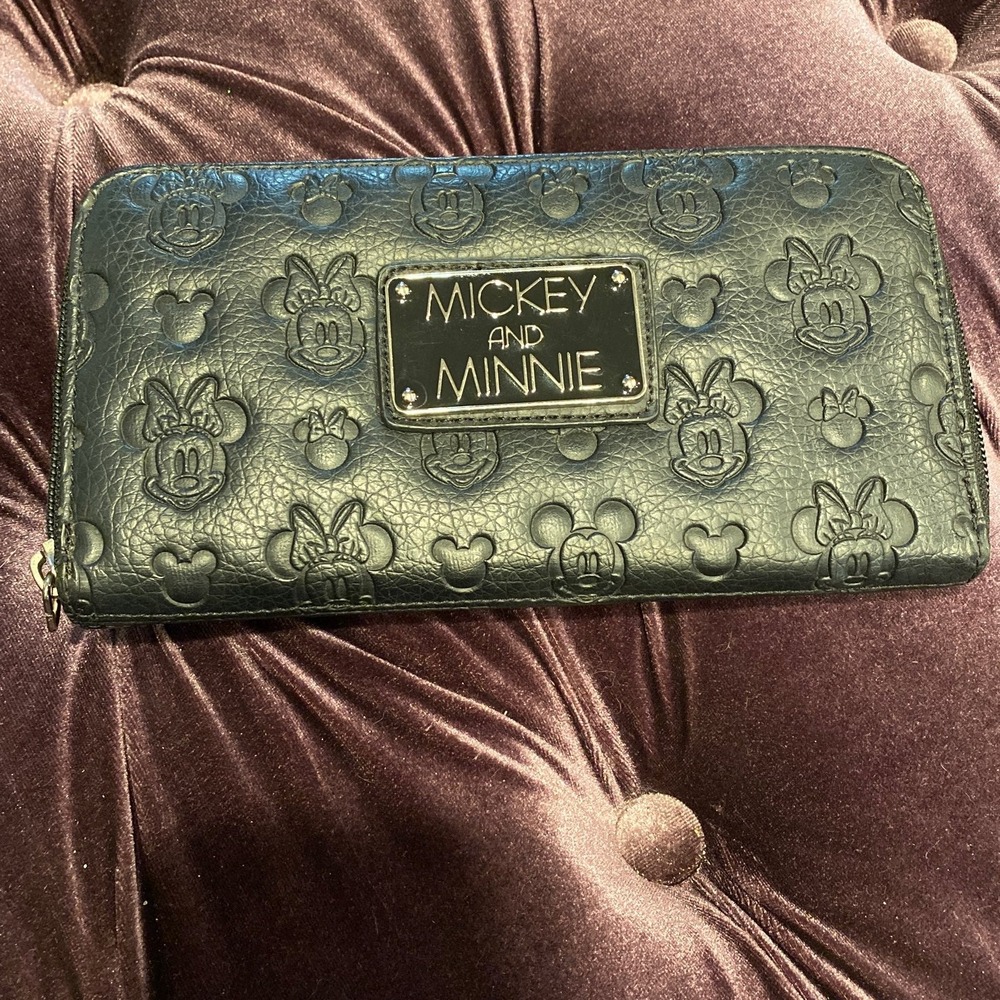 Loungefly Disney Mickey and Minnie Mouse Embossed Zip Wallet Black Red Interior